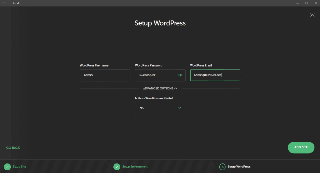 Enter username password email for Wordpress Dashboard